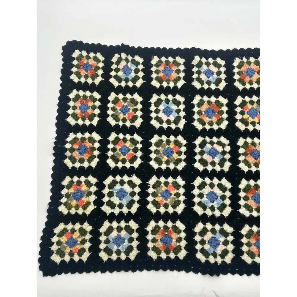 Vintage Crochet Granny Square Afghan Throw Blanket Black Multicolor 39x31 Boho